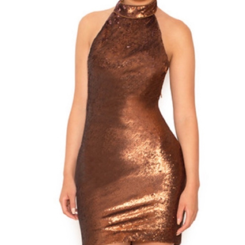 NWT House Of CB, 'Dacia' Brown Sequin Backless Dress, Size S